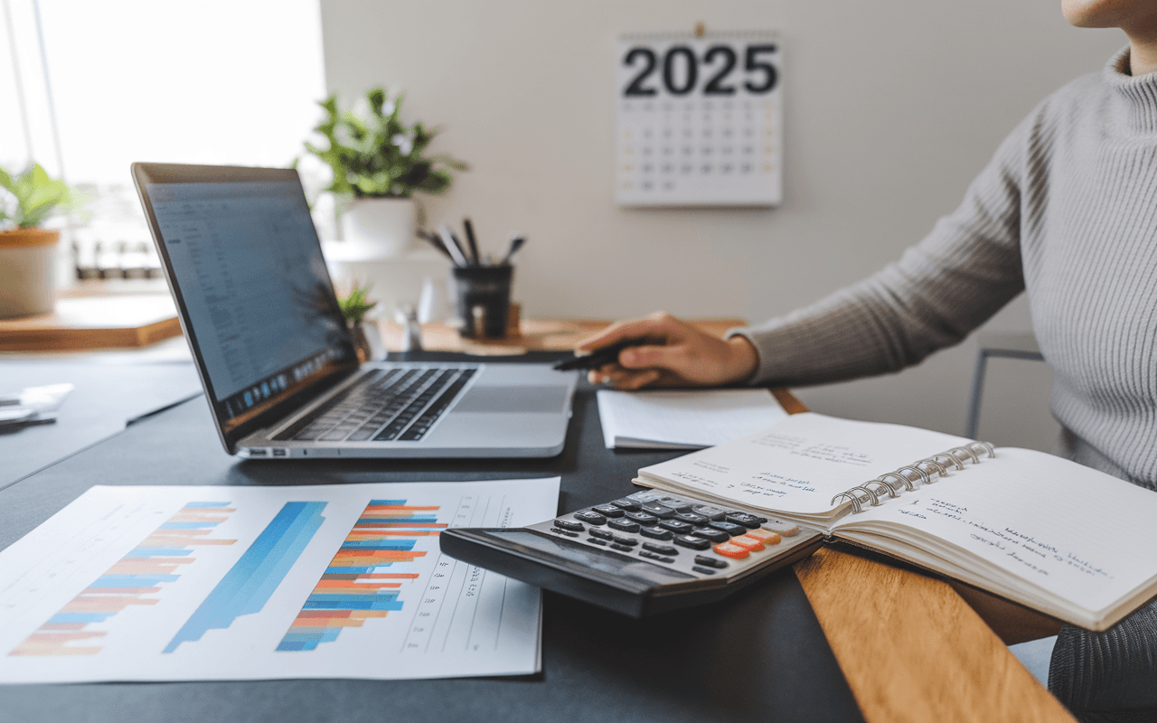 Scène de bureau moderne avec graphisme financier, calculatrice et calendrier 2025 pour blog comment faire une planification financière.