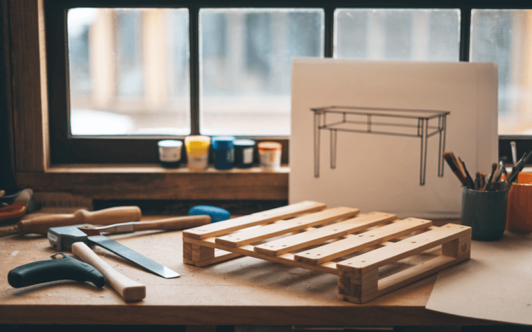 atelier de bricolage avec palette en bois, outils, fenêtre lumineuse et croquis de meuble pour inspirer les débutants à créer en palettes, blog comment faire