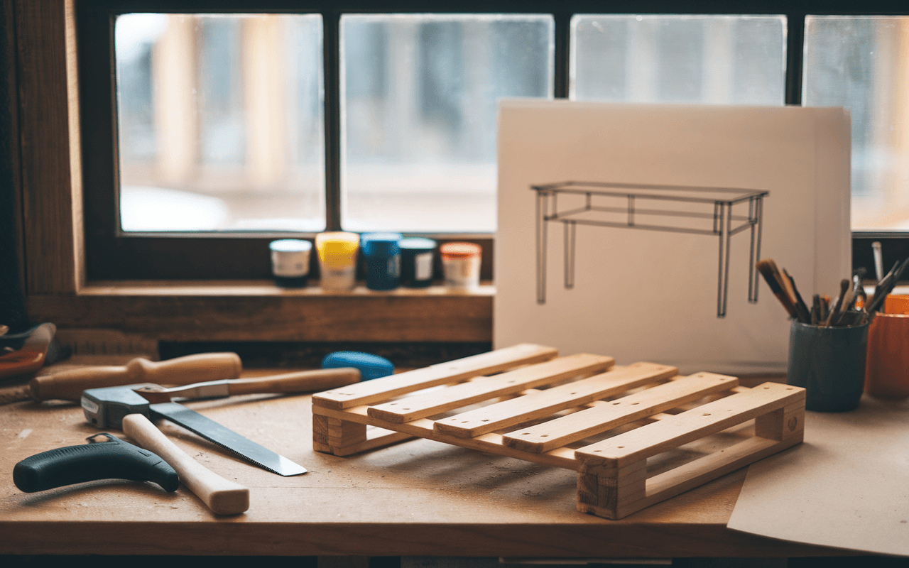 atelier de bricolage avec palette en bois, outils, fenêtre lumineuse et croquis de meuble pour inspirer les débutants à créer en palettes, blog comment faire