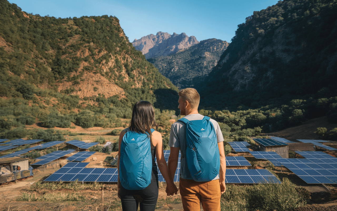 Couple tenant main dans la main dans un paysage naturel avec sacs à dos éco-responsables, village solaire visible en arrière-plan, parfait pour illustrer