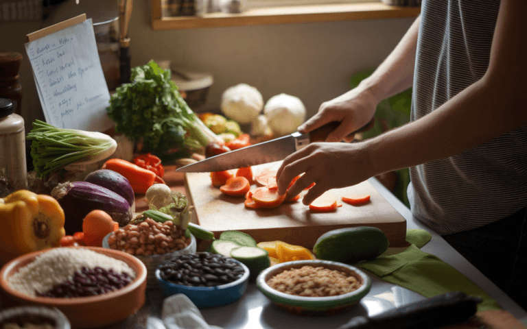 Préparation de repas sains dans une cuisine modeste, illustrant un blog comment faire avec des ingrédients abordables et une ambiance chaleureuse.