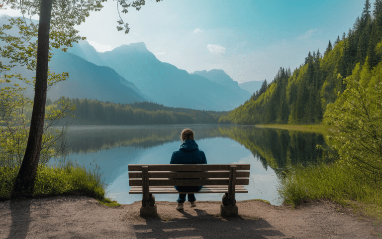 Personne sur un banc au bord d'un lac calme, montagnes et forêts verdoyantes à l'arrière-plan, symbole de reconnexion avec la nature, blog comment faire une détox digitale en 2025.