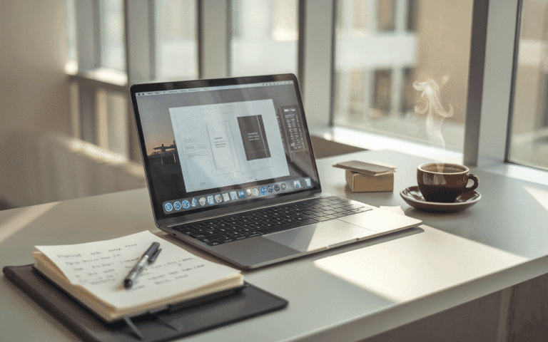 Bureau moderne avec ordinateur portable affichant page web, carnet avec notes et café, illustrant combien coute la création d'un site internet en 2025.