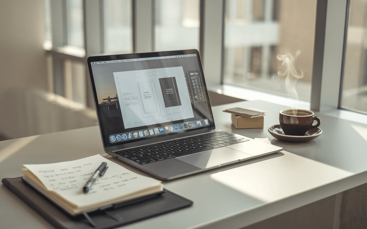 Bureau moderne avec ordinateur portable affichant page web, carnet avec notes et café, illustrant combien coute la création d'un site internet en 2025.