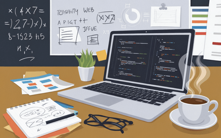 Bureau moderne avec ordinateur portable affichant du code, tasse de café fumant, croquis de site web, et tableau blanc créatif pour combien coute la création d'un site internet.