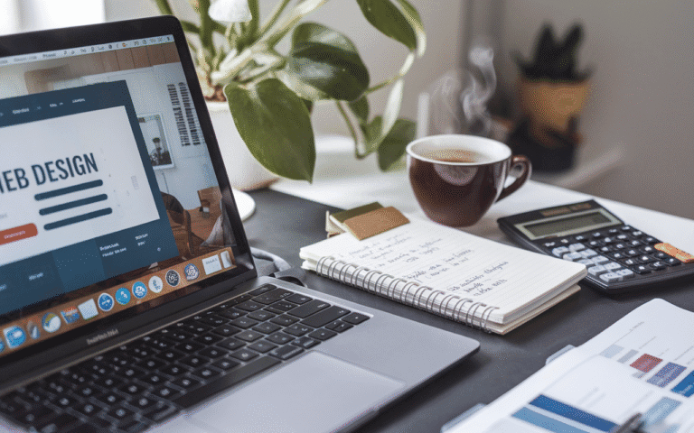 Bureau moderne avec ordinateur portable affichant un design de site web, carnet de notes et calculatrice, évoquant le coût de création d'un site internet dans une ambiance productive.