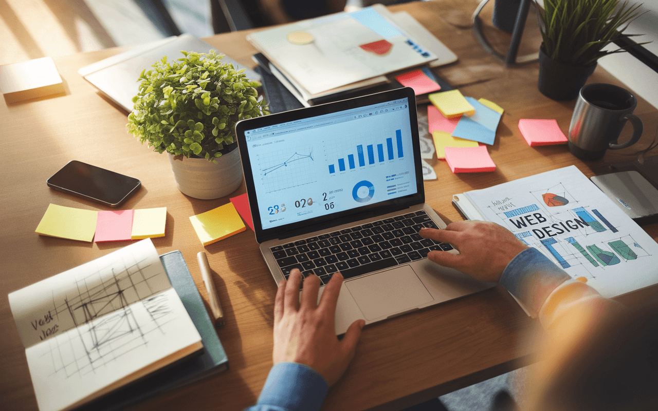 Vue aérienne d'un bureau moderne illustrant un espace de travail de conception de sites web, avec un ordinateur affichant des graphiques, des notes autocollantes, un carnet d'esquisses, un smartphone, un mug à café et une plante verte. Таме de recherche sur combien coûte la création d'un site internet.