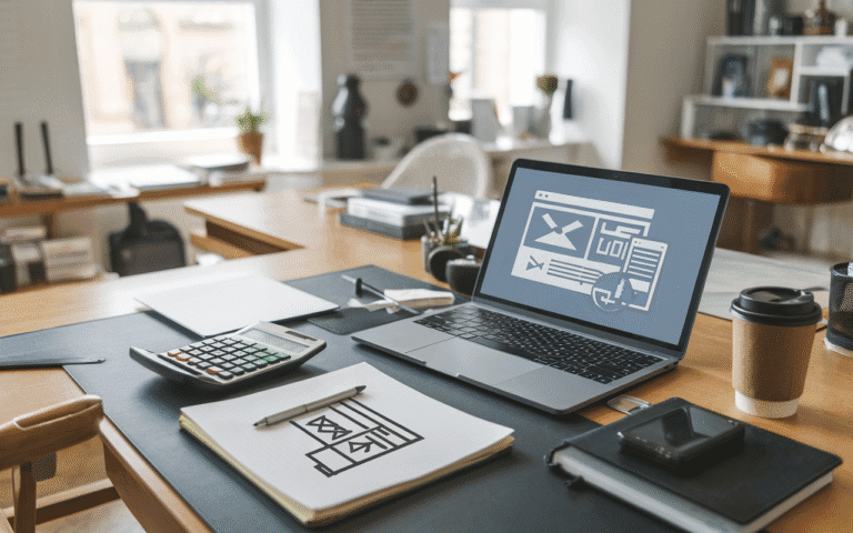 Bureau moderne avec ordinateur affichant une maquette de site web, calculatrice, carnet d'esquisses et café, illustrant combien coute la création d'un site internet pour PME.