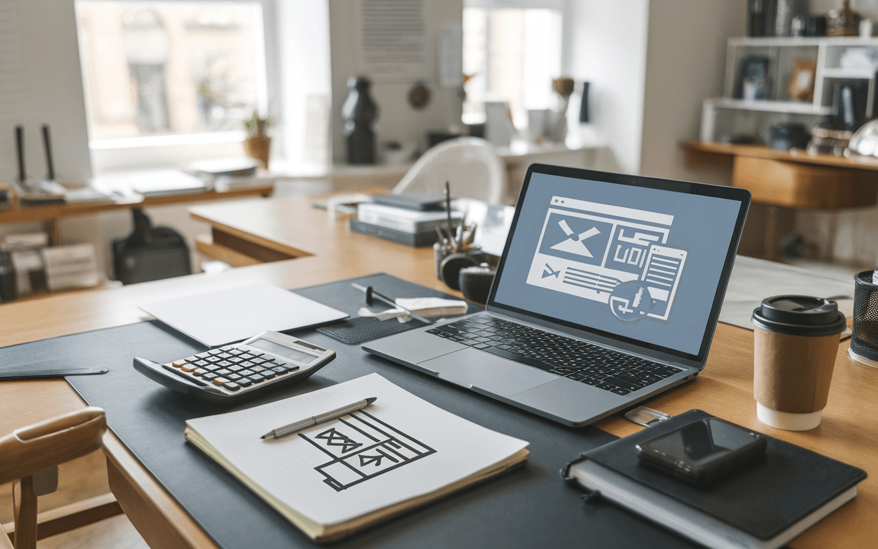 Bureau moderne avec ordinateur affichant une maquette de site web, calculatrice, carnet d'esquisses et café, illustrant combien coute la création d'un site internet pour PME.