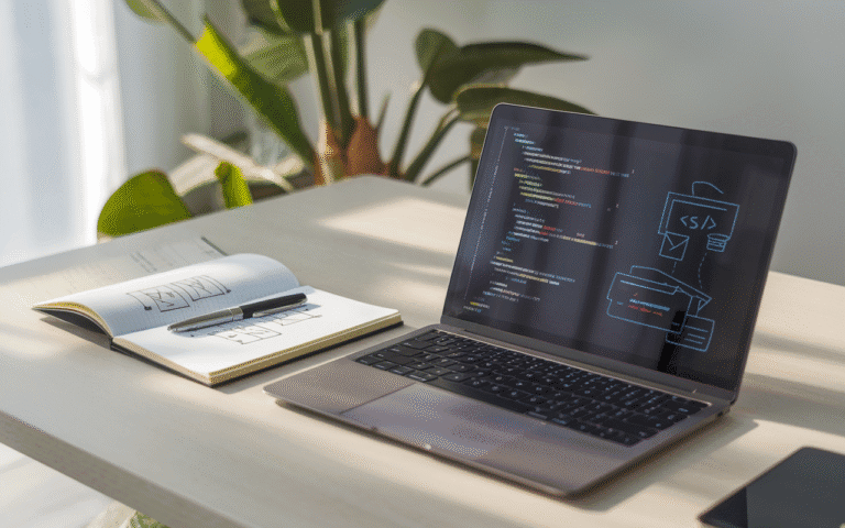 Bureau moderne avec ordinateur portable affichant code et design web, symbolisant combien coûte la création d'un site internet, carnet ouvert avec croquis de sites, stylos, et plante verte illuminée par lumière naturelle.