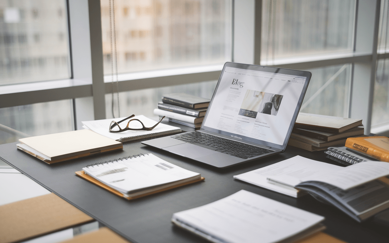Bureau moderne avec ordinateur affichant un blog, livres et carnets, évoquant la créativité et l'analyse pour déterminer combien de mots pour un article de blog.