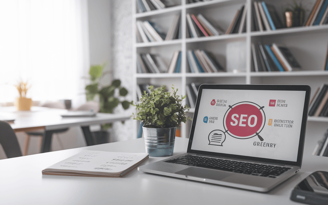 Bureau moderne avec ordinateur portable affichant des graphiques SEO, carnet rempli de mots et chiffres, question sur