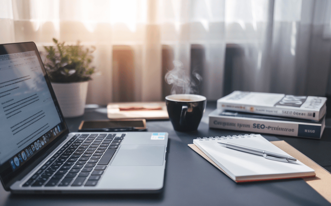 Bureau moderne avec ordinateur affichant texte, tasse de café, carnet et livres SEO ; idéal pour savoir combien de mots pour un article de blog.