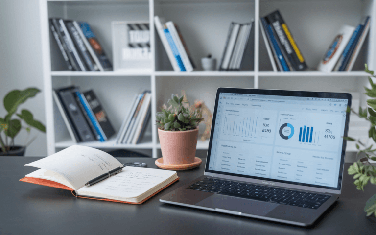Bureau minimaliste moderne avec ordinateur affichant des données analytiques pour déterminer combien de mots pour un article de blog, carnet avec notes manuscrites, et livres sur le SEO et blogging en arrière-plan.