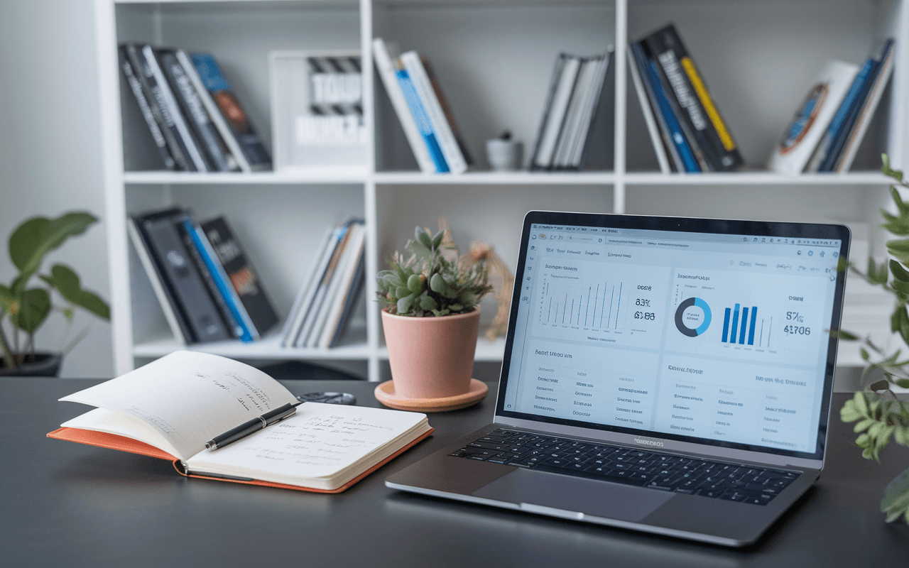 Bureau minimaliste moderne avec ordinateur affichant des données analytiques pour déterminer combien de mots pour un article de blog, carnet avec notes manuscrites, et livres sur le SEO et blogging en arrière-plan.