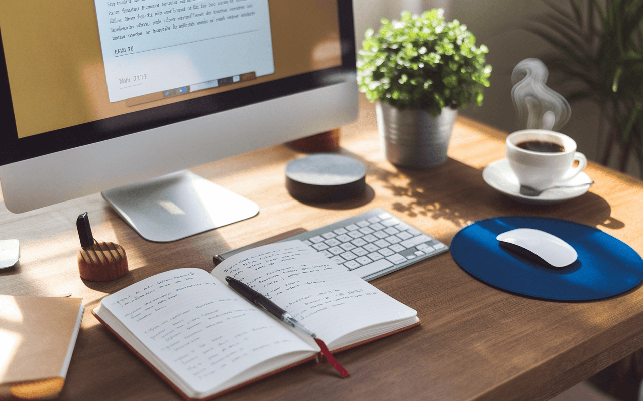 Bureau équilibré avec clavier, carnet de notes manuscrites, écran affichant compteur de mots, idéal pour réfléchir à combien de mots pour un article de blog.