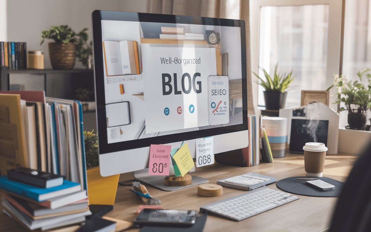Écran d'ordinateur montrant un blog bien structuré, entouré de livres, carnets de notes, café et smartphone avec graphiques SEO, optimisant la question : combien de mots pour un article de blog.