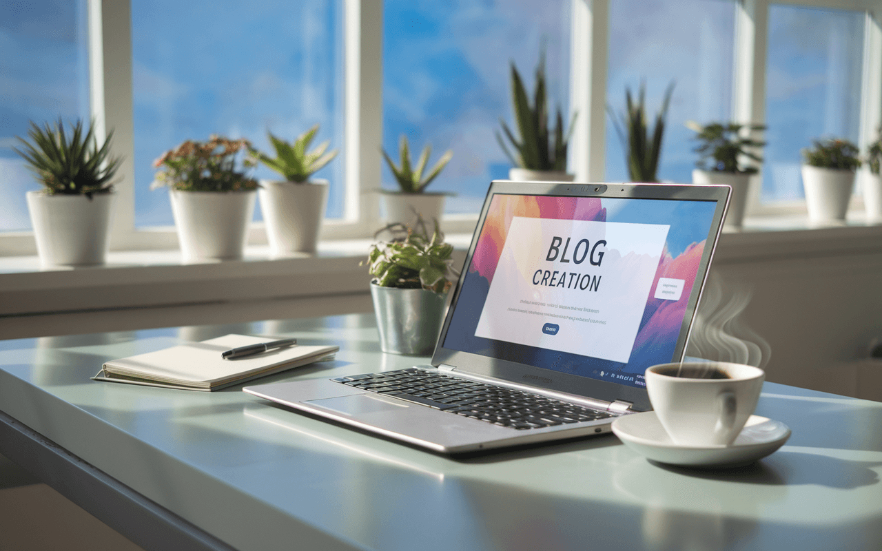 Bureau moderne avec ordinateur affichant une interface pour apprendre comment créer un blog, entouré d'accessoires minimalistes et éclairé par la lumière naturelle.