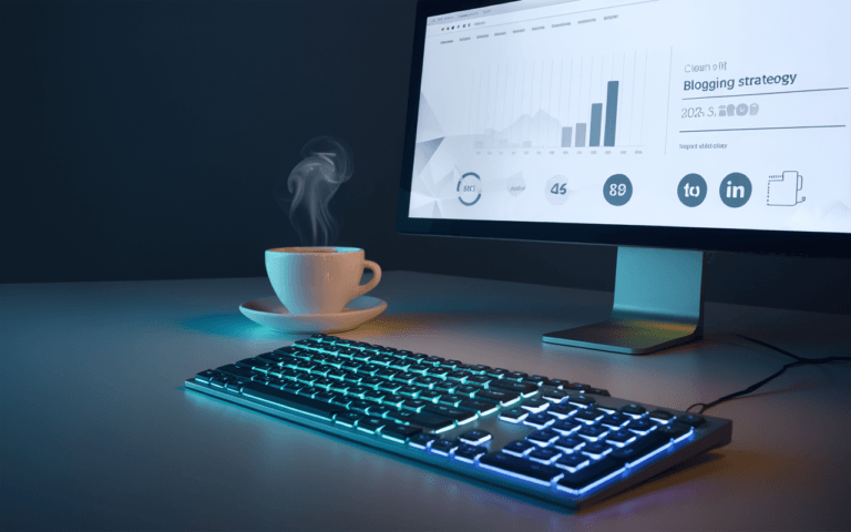 Clavier d'ordinateur futuriste avec écran affichant un site web en croissance, symbolisant comment créer un blog réussi en 2025.