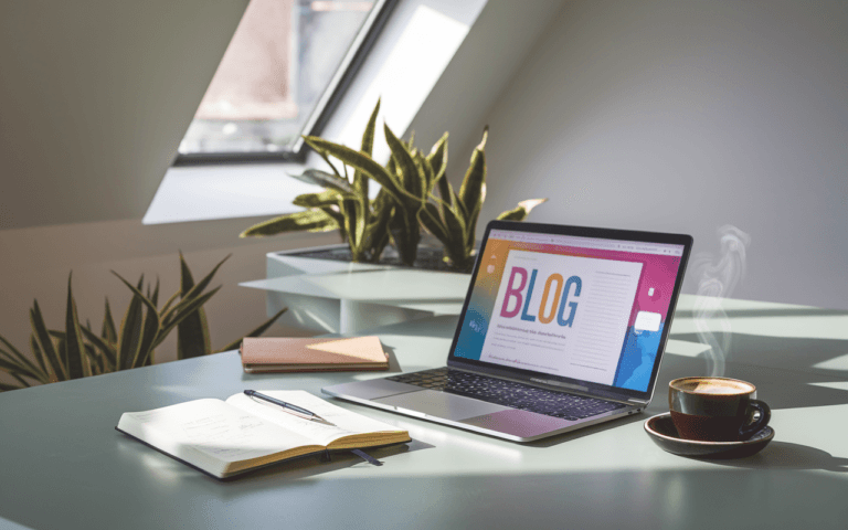 Comment créer un blog moderne en 2025 : bureau minimaliste avec ordinateur portable affichant une interface de création de blog, carnet et café inspirant.