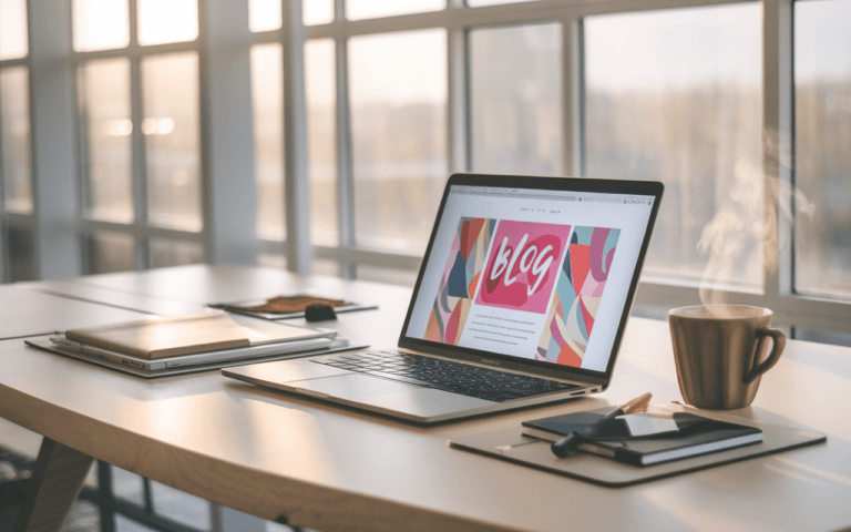 Scène de bureau moderne avec un ordinateur portable affichant une page de blog, idéal pour apprendre comment créer un blog, entouré de papeterie élégante et d'une tasse de café, éclairé par une douce lumière naturelle.