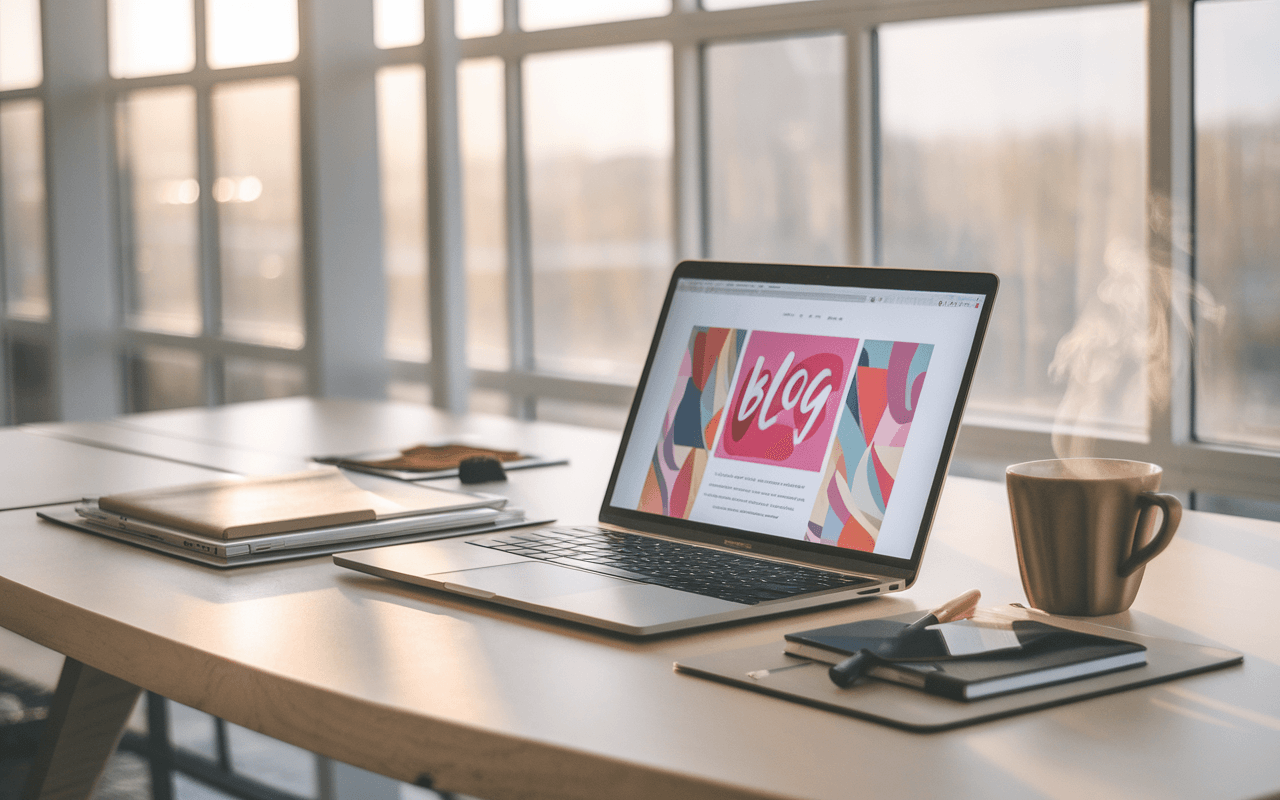 Scène de bureau moderne avec un ordinateur portable affichant une page de blog, idéal pour apprendre comment créer un blog, entouré de papeterie élégante et d'une tasse de café, éclairé par une douce lumière naturelle.