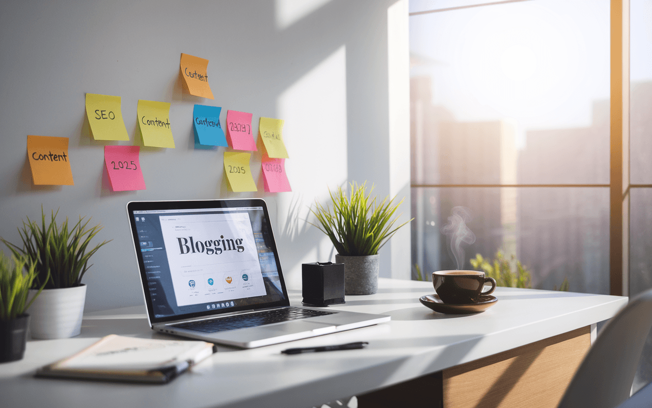 Bureau moderne avec ordinateur portable affichant une interface de blogging, notes autocollantes