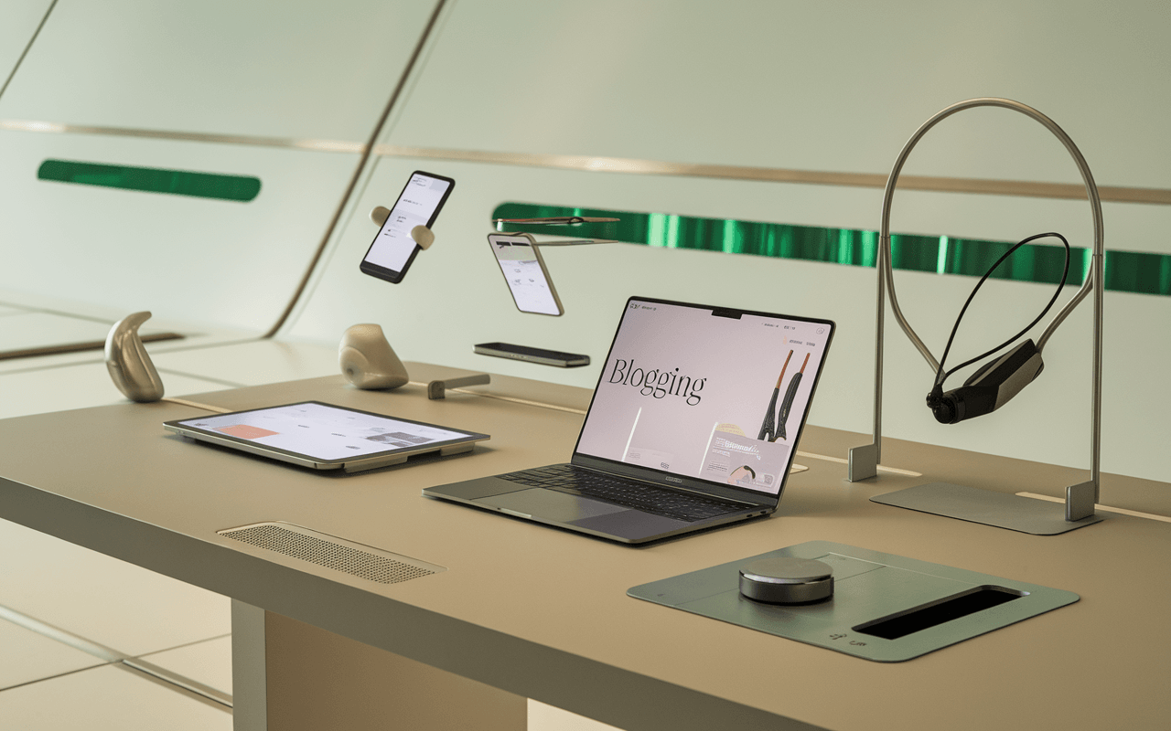 Image d'un espace de travail futuriste : bureau moderne avec un ordinateur portable affichant une interface de blogging, entouré de gadgets innovants pour illustrer comment créer un blog en 2025.