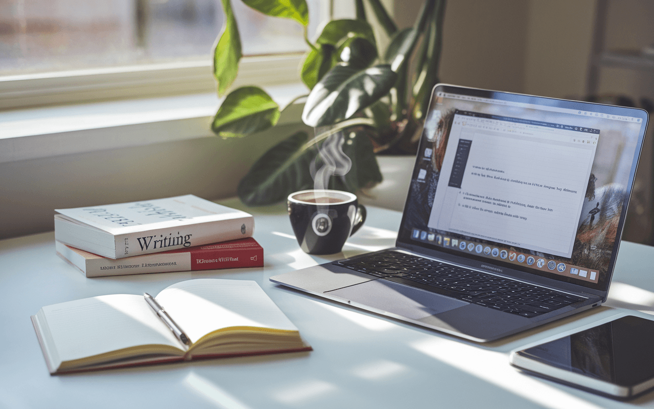 Espace de travail moderne avec ordinateur portable, carnet et café, symbolisant l'inspiration pour comment écrire un article de blog captivant.