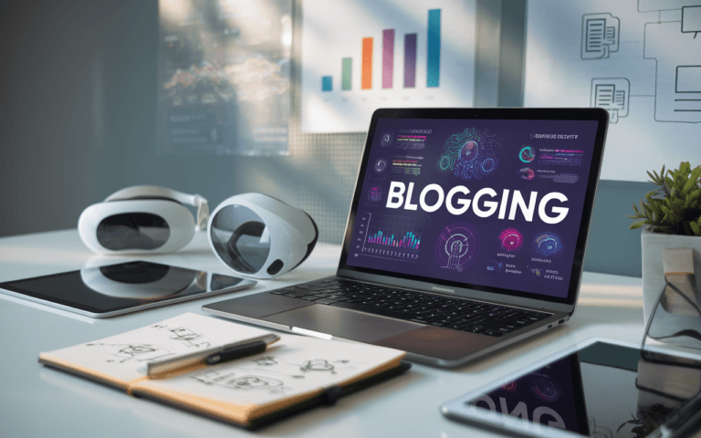 Éspace de travail moderne montrant comment écrire un article de blog en 2025, avec un ordinateur affichant des technologies futuristes comme l'IA et la réalité augmentée, entouré d'objets high-tech et d'esquisses créatives.