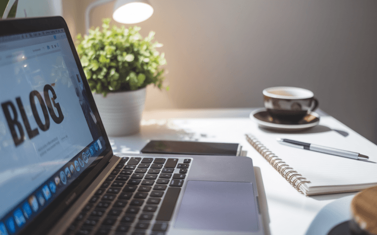 Bureau moderne avec ordinateur montrant comment écrire un article de blog, carnet pour planification, café et plante pour inspiration.
