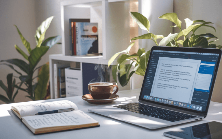 Espace de travail moderne et inspirant pour apprendre comment écrire un article de blog, avec un ordinateur portable, un carnet de notes et une atmosphère propice à la réflexion.