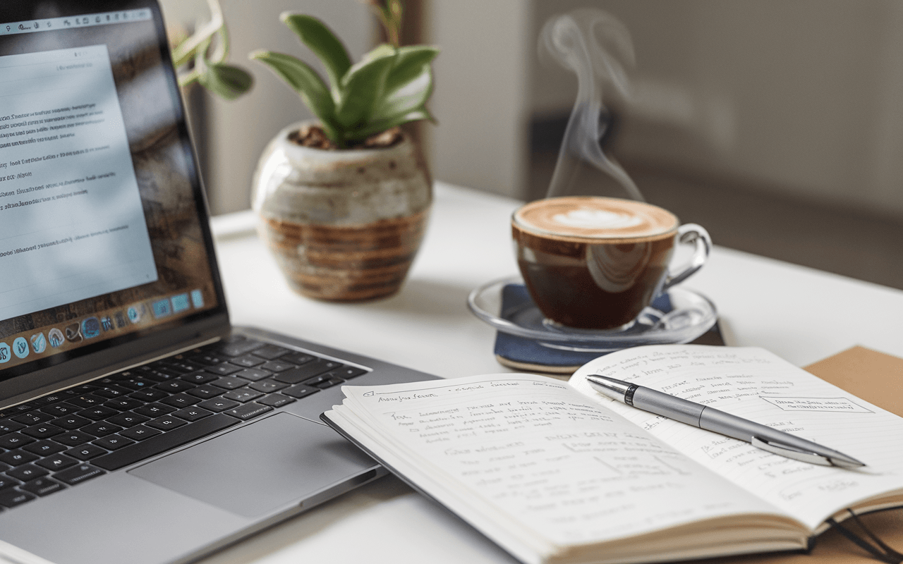 Bureau moderne avec ordinateur portable ouvert sur logiciel de traitement de texte, carnet rempli d'idées, stylo, café fumant et plante verte, idéal pour apprendre comment écrire un article de blog.