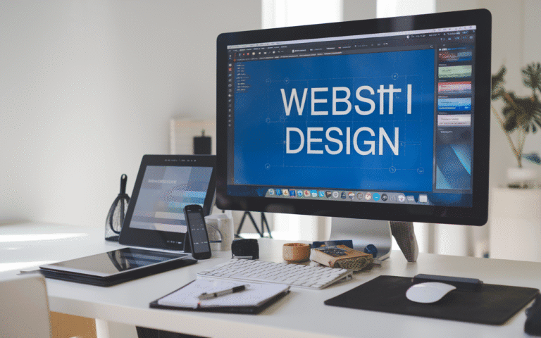 Ordinateur moderne sur bureau minimaliste, montrant interface de conception web, symbolisant la planification pour déterminer le prix de création site internet.