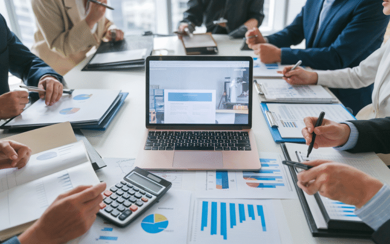 Professionnels collaborant autour d'un ordinateur portable pour évaluer la création site internet prix, avec dossiers, graphiques et calculatrices sur une table de bureau moderne.