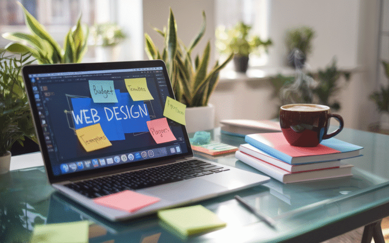 Bureau moderne avec ordinateur affichant interface de création site internet, notes sur budgets, templates et plugins, tasse de café sur livres de design web, cadre lumineux et écologique, création site internet prix.