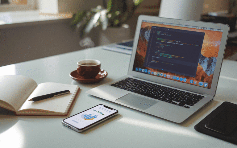 Bureau moderne avec ordinateur portable affichant code, tasse de café, carnet et smartphone montrant économie coûts, ambiance professionnelle centrée sur création site internet prix.