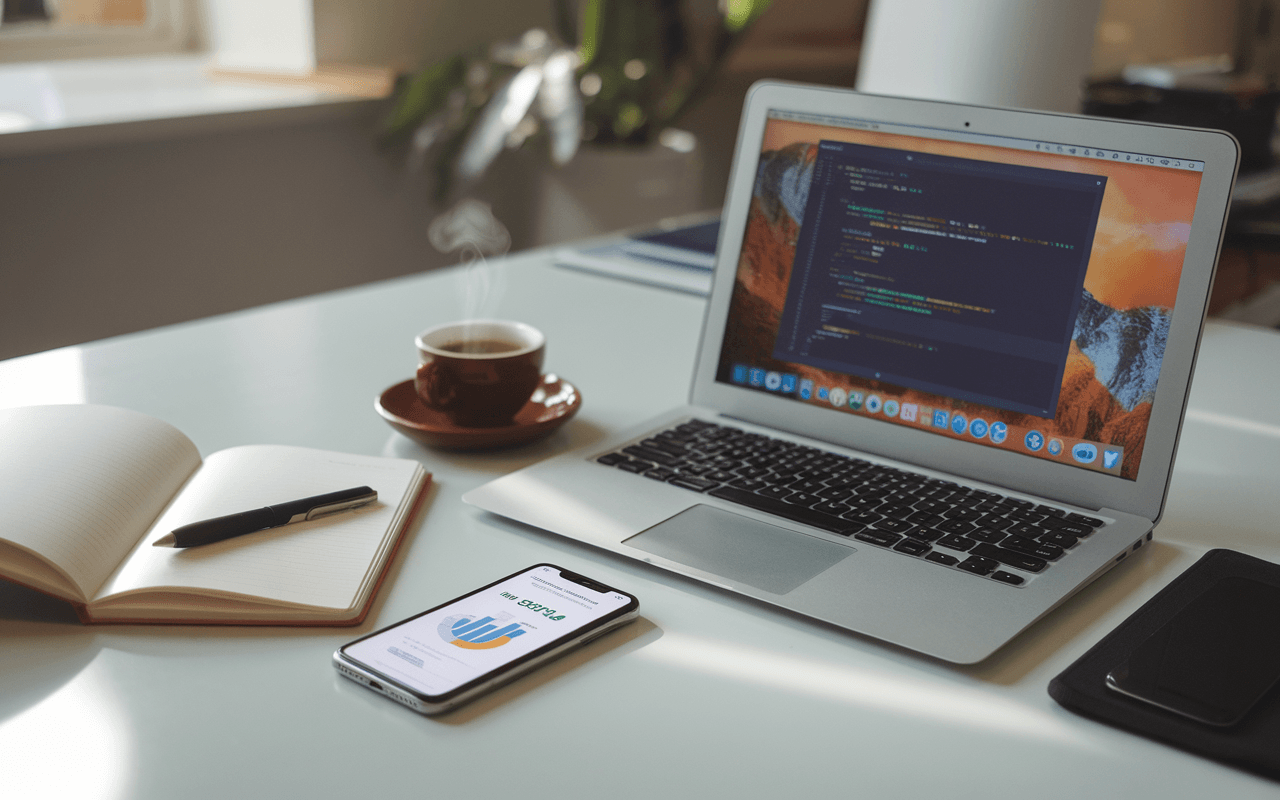 Bureau moderne avec ordinateur portable affichant code, tasse de café, carnet et smartphone montrant économie coûts, ambiance professionnelle centrée sur création site internet prix.