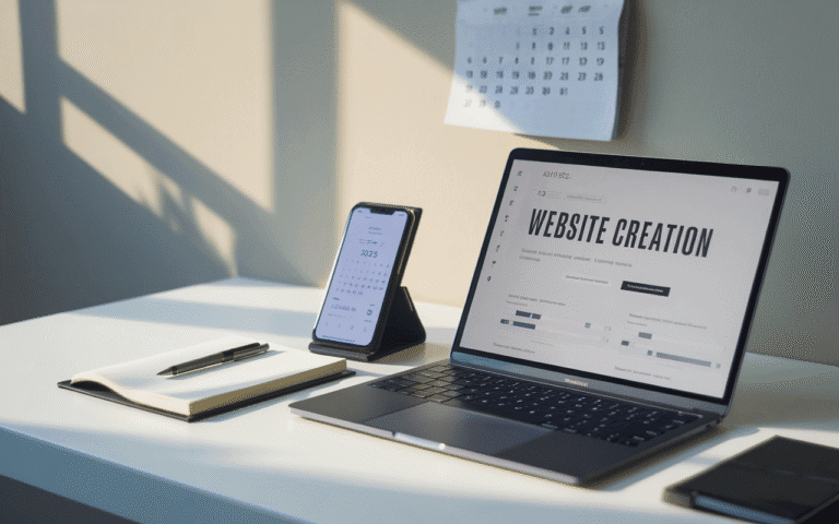 Illustration d'un bureau moderne avec un ordinateur portable affichant une interface de création de site web et un smartphone avec une application de gestion de budget, illustrant le thème