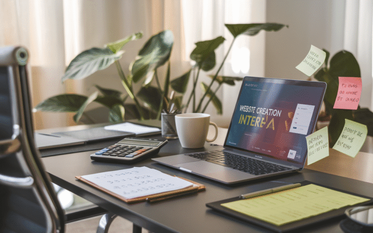 Illustration d'un bureau moderne avec ordinateur affichant une interface de création site internet prix, entouré d'une calculette, carnet avec chiffres, et post-it conseils, sous une lumière naturelle douce.