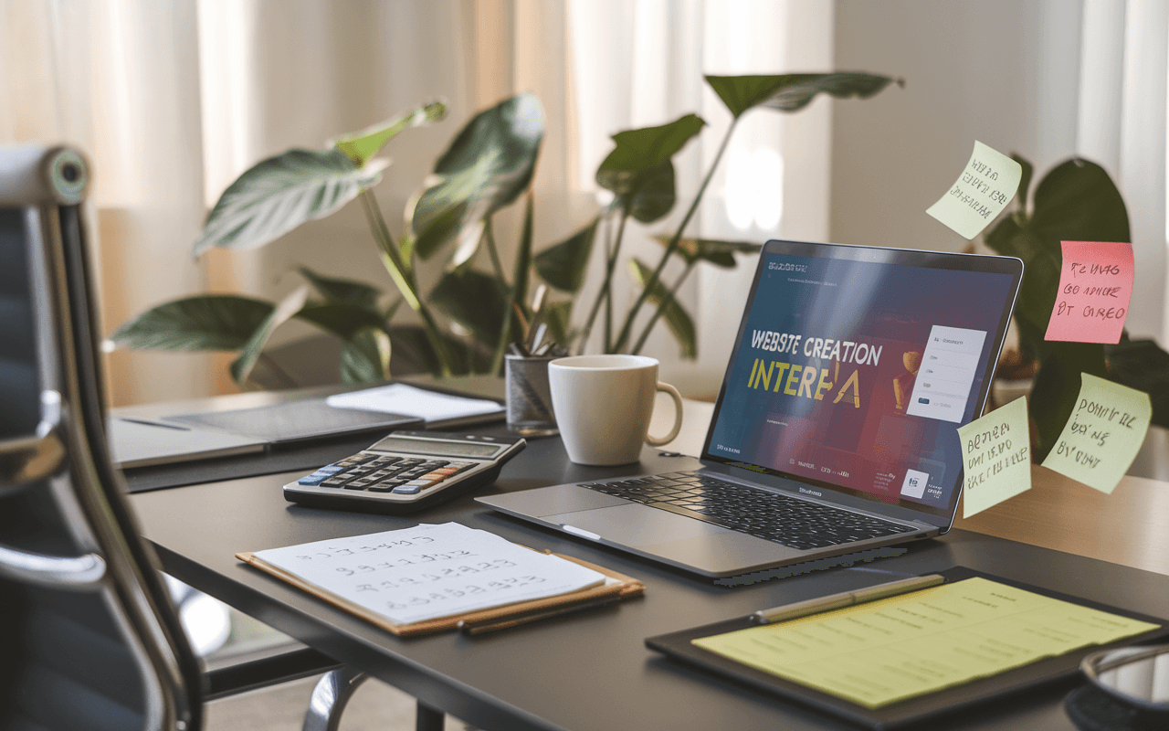 Illustration d'un bureau moderne avec ordinateur affichant une interface de création site internet prix, entouré d'une calculette, carnet avec chiffres, et post-it conseils, sous une lumière naturelle douce.