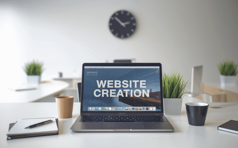 Bureau moderne avec ordinateur portable affichant interface de création de site web, centré sur la notion de