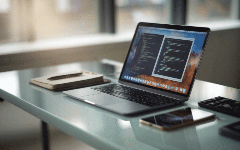 Ordinateur portable affichant du code sur bureau moderne, illustrant le travail acharné et le coût du création site internet prix.