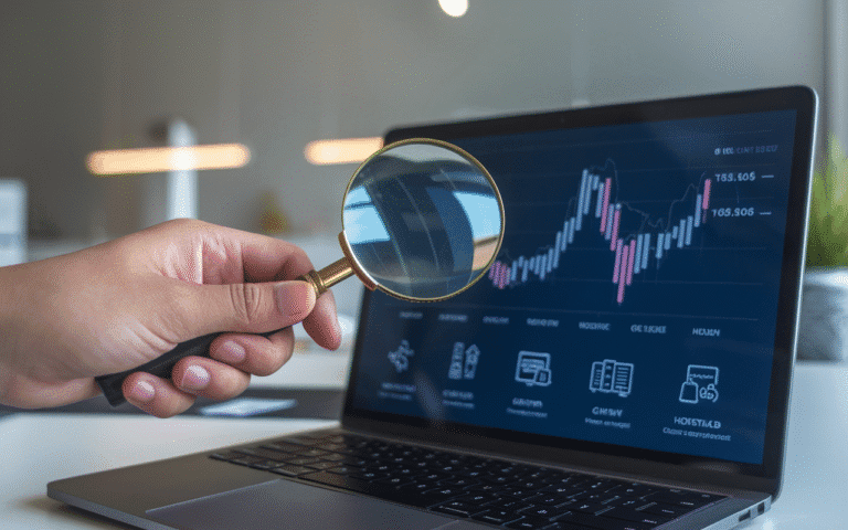 Main tenant une loupe agrandissant un graphique de fluctuations sur un écran d'ordinateur, illustrant les divers aspects influençant le prix de création de site internet, mise en scène dans un bureau moderne.