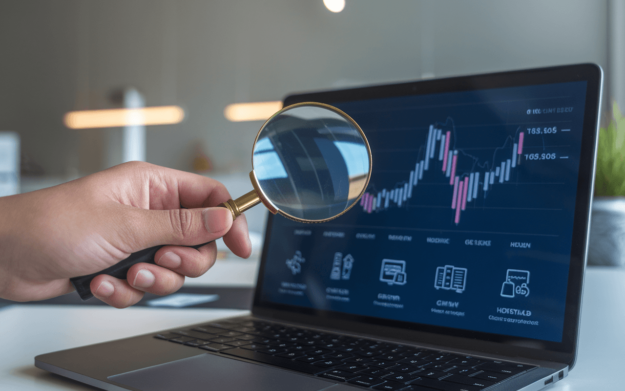 Main tenant une loupe agrandissant un graphique de fluctuations sur un écran d'ordinateur, illustrant les divers aspects influençant le prix de création de site internet, mise en scène dans un bureau moderne.