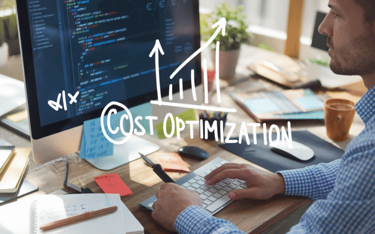 Un professionnel du web concentré travaille sur un écran affichant des lignes de code et des graphiques symbolisant l'optimisation des coûts, illustrant le thème