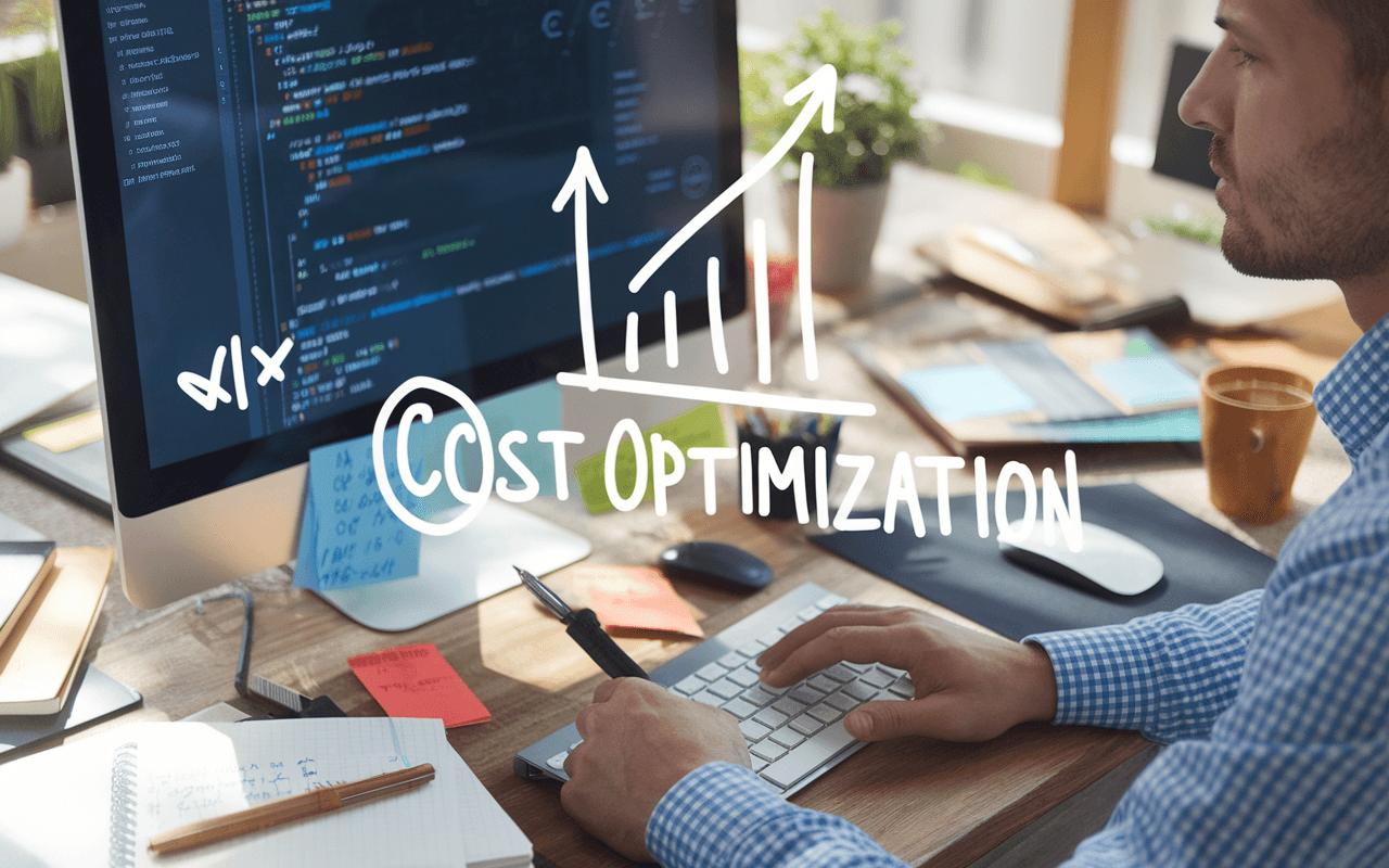 Un professionnel du web concentré travaille sur un écran affichant des lignes de code et des graphiques symbolisant l'optimisation des coûts, illustrant le thème