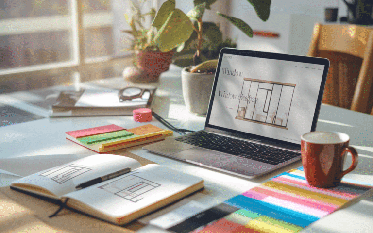 Image d'un espace de travail moderne avec un ordinateur portable affichant une maquette de site web élégant, entouré de notes adhésives colorées, d'un carnet de croquis avec des esquisses de design web et d'une tasse de café, illustrant l'ambiance professionnelle et créative de la création site vitrine.