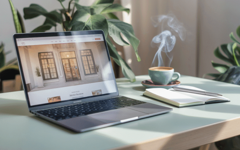 Ordinateur portable affichant une page de creation site vitrine sur un bureau en bois clair, entouré d'un carnet et d'un stylo, avec café fumant et plante verte en arrière-plan pour une ambiance créative.