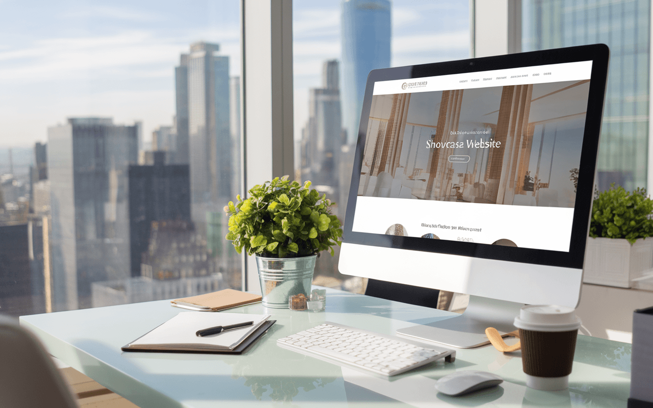 Bureau moderne avec ordinateur affichant site vitrine professionnel, symbole de visibilité et croissance pour les entreprises.